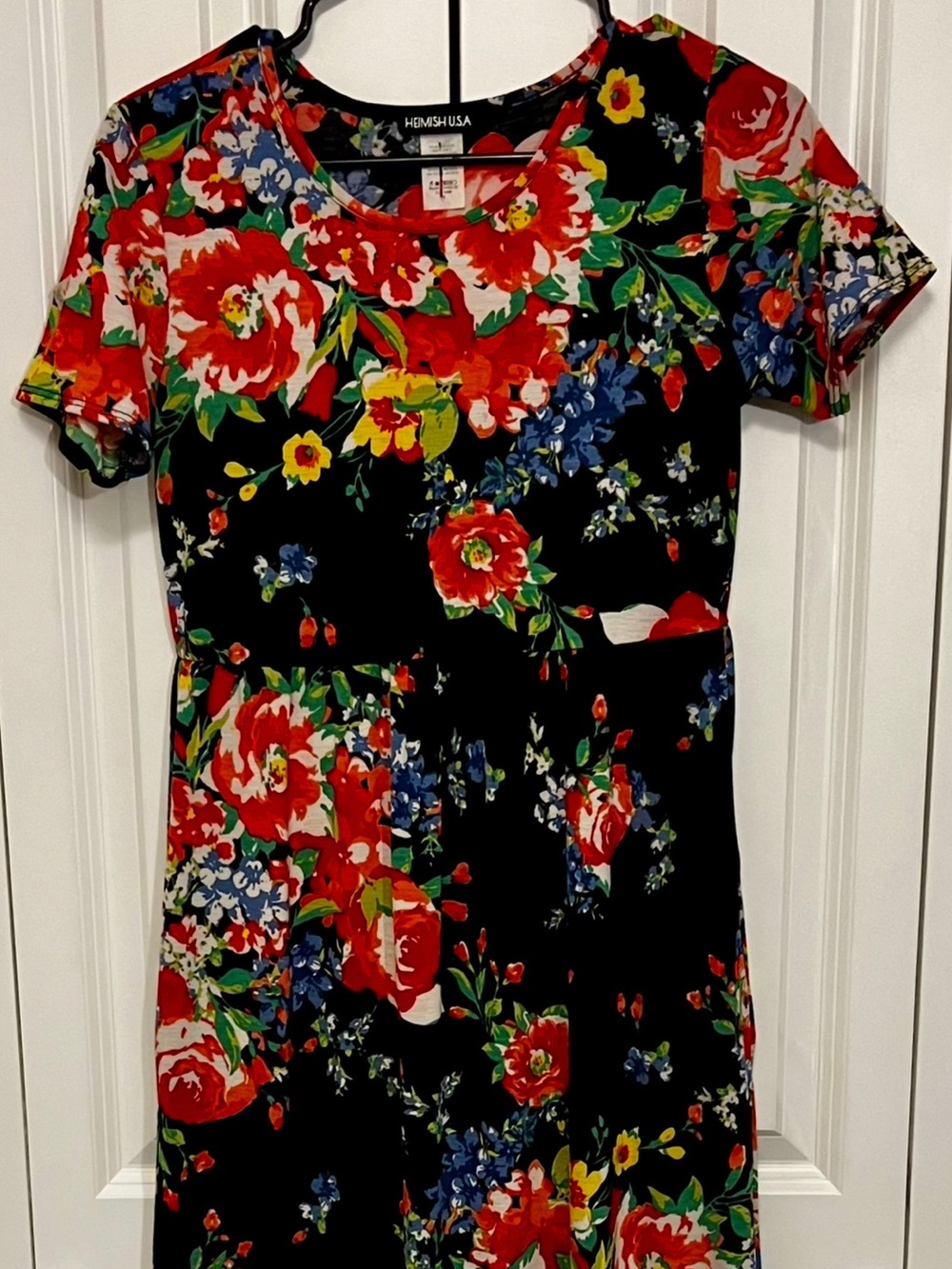 Woman’s Black Floral Short-Sleeve Dress - Red & Blue Bloom, Black Background S